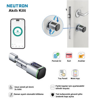 Neutron Akıllı Kapı Kilidi Gri, Parmak izi, Anahtar, Kart, Şifre - 1