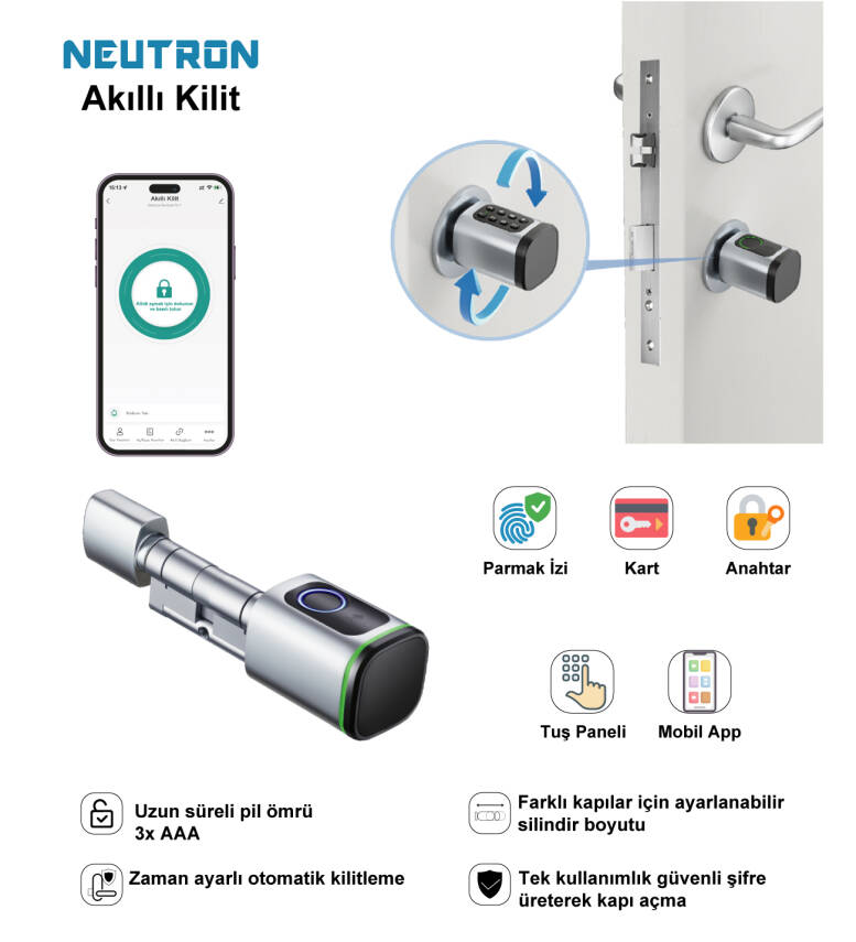 Neutron Akıllı Kapı Kilidi Gri, Parmak izi, Anahtar, Kart, Şifre - 1