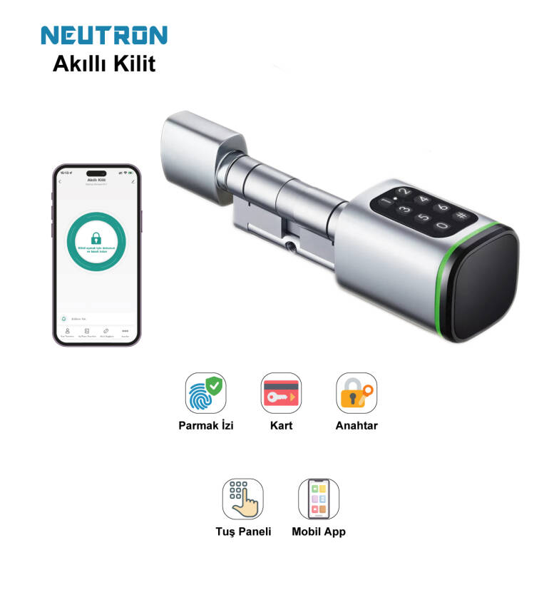 Neutron Akıllı Kapı Kilidi Gri, Parmak izi, Anahtar, Kart, Şifre - 2