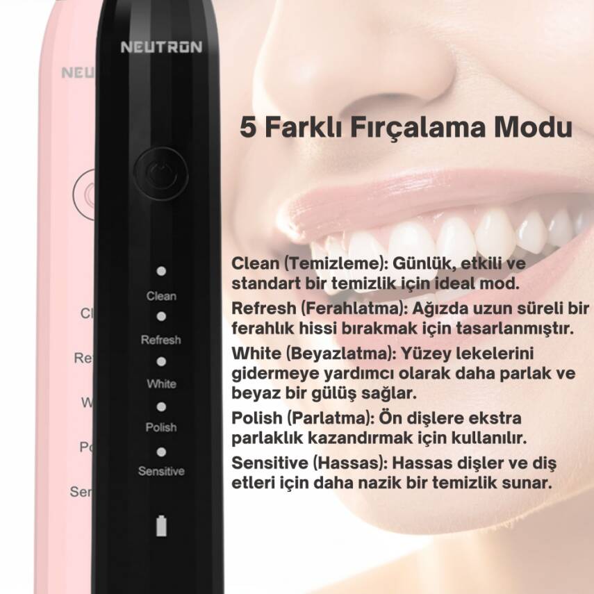 NEUTRON Şarjlı Sonik Diş Fırçası, Şarjlı Siyah Diş Fırçası Pembe - 5